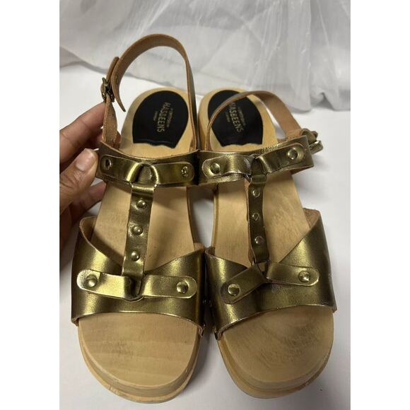 Swedish Hasbeens Rivet Sandal Wedges Leather On Trend Gold EU 39 US Size 8.5 - Picture 3 of 10